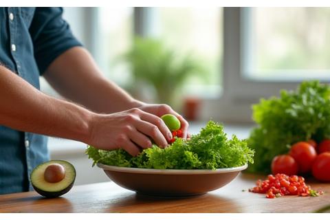Uomo che prepara un pasto sano con ingredienti freschi, simbolo di nutrizione consapevole.