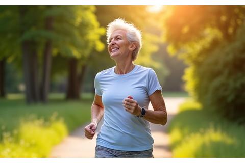 Persona anziana che fa jogging in un parco, esprime vitalità e forma fisica in età avanzata.