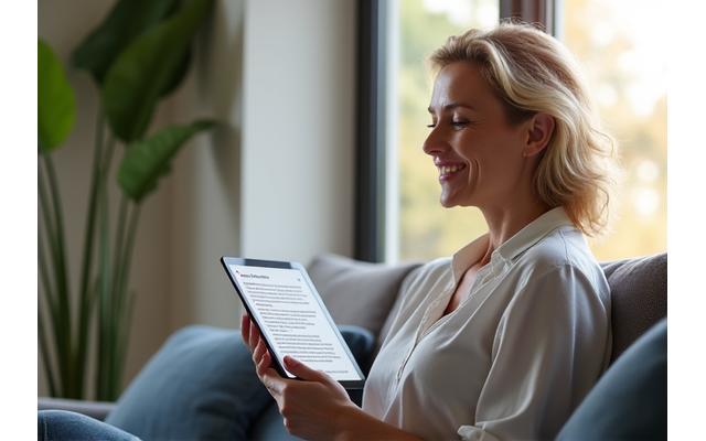 Donna sorridente che legge un articolo su un tablet, circondata da elementi naturali e tecnologici che simboleggiano il benessere integrato.