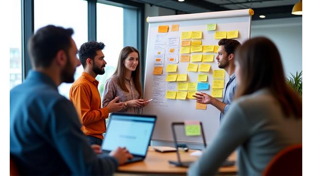 Team di sviluppatori che lavorano su lavagne bianche in uno sprint agile, con post-it e grafici.