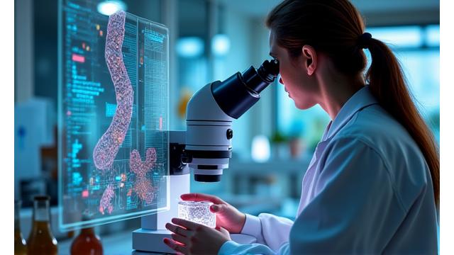 Immagine di laboratorio che mostra analisi del microbiota intestinale con microscopio e dati digitali.