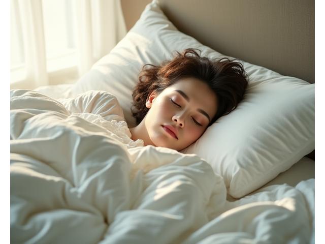 Vista dall'alto di una persona che dorme profondamente in un letto confortevole e pulito, con luce morbida