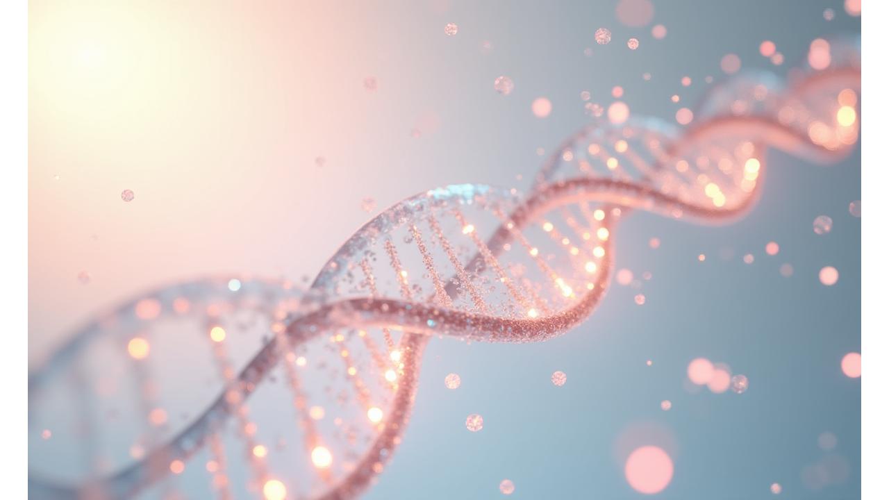 Visualizzazione stilizzata del DNA a doppia elica con elementi luminosi che rappresentano la nutrizione personalizzata