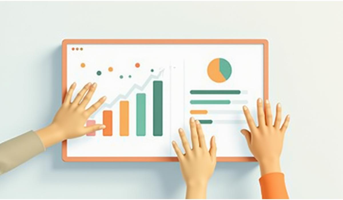 Illustrazione grafica di persone che votano in un sondaggio online, con grafici e visualizzazioni dei risultati in tempo reale.