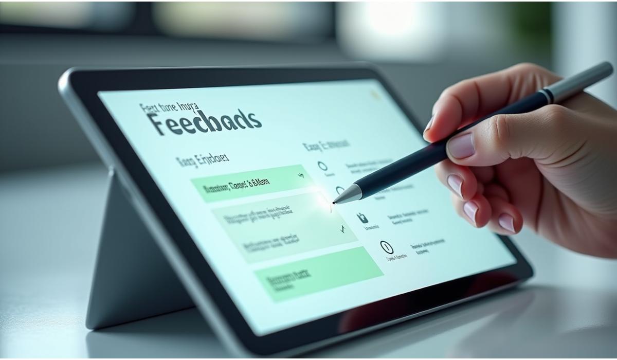 Illustrazione di un utente che interagisce con un modulo di feedback online su uno schermo digitale, con icone che rappresentano diverse categorie di feedback.