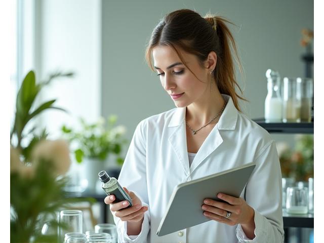 Scienziato che esamina ingredienti naturali in laboratorio per la selezione di prodotti Anima Sana