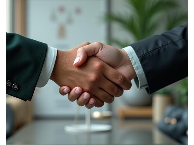 Le mani di due professionisti che stringono in segno di fiducia, con una bilancia in equilibrio sullo sfondo