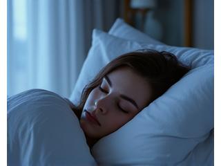 Persona serena che dorme profondamente in un letto confortevole e scuro