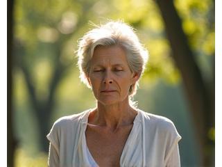 Persona medita in un ambiente calmo e naturale, trasmettendo serenità