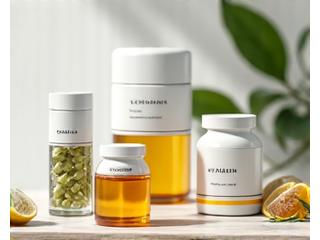 Flaconi di integratori e vitamine disposti elegantemente su una superficie chiara