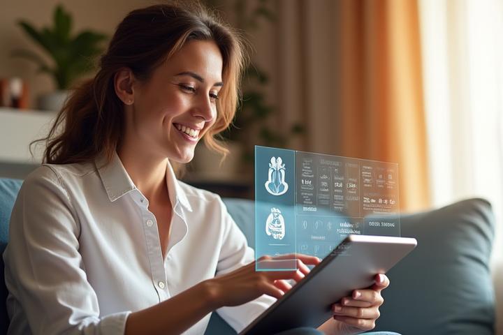 Donna sorridente che partecipa a un workshop online su tablet, con grafici e icone di benessere sullo sfondo.